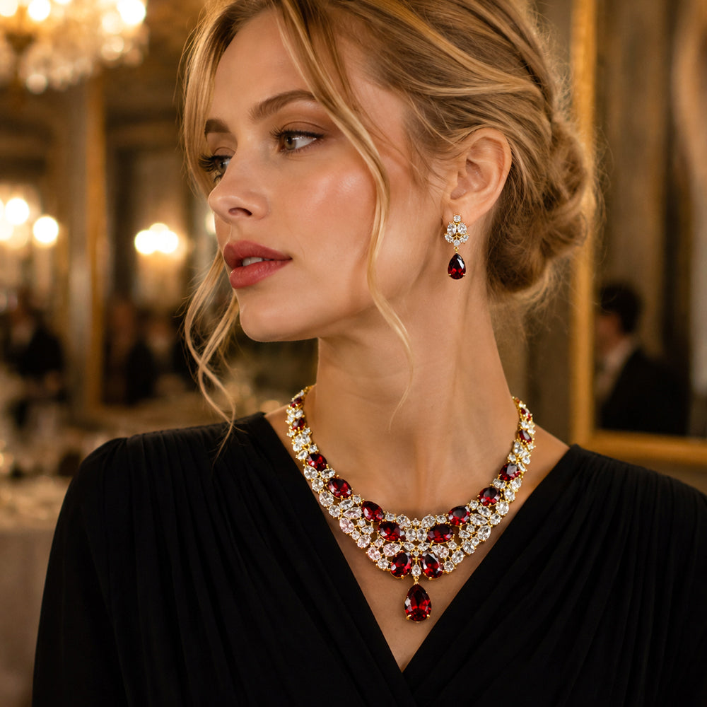 Vintage Royal Ruby Red Crystal Necklace Earring Set Women Formal Gala Prom Wedding Statement Dress Jewelry