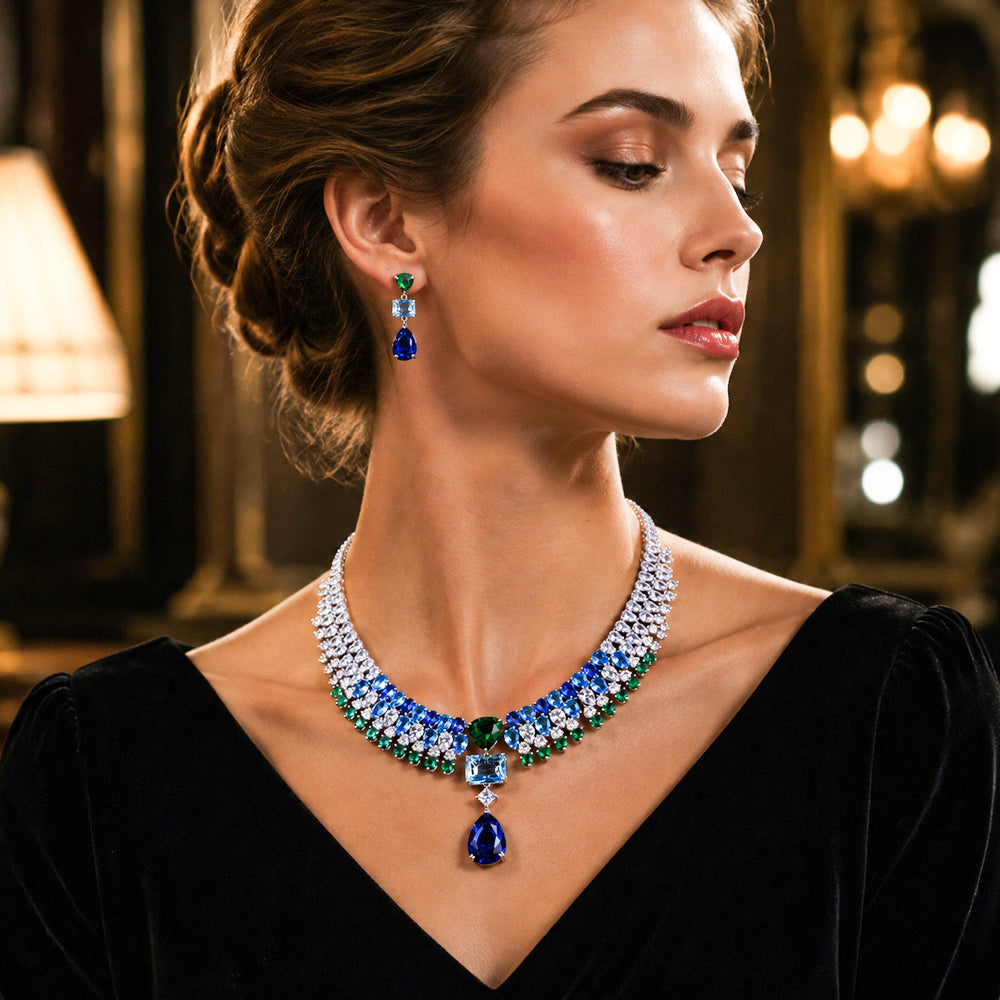 Silver Tone Ombre Pink Blue Green Multi Shape Gemstone Fringe Jewelry Set, Gradient Color Cubic Zirconia Tassel Necklace & Drop Earrings Women Formal Banquet Bridal Statement Jewellery