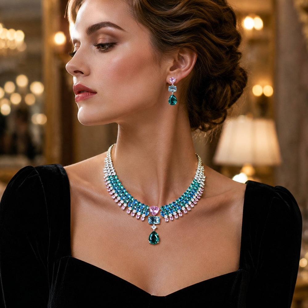 Silver Tone Ombre Pink Blue Green Multi Shape Gemstone Fringe Jewelry Set, Gradient Color Cubic Zirconia Tassel Necklace & Drop Earrings Women Formal Banquet Bridal Statement Jewellery