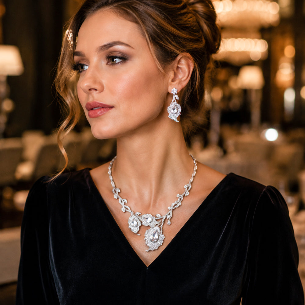 Floral Leaf Ruby Crystal Jewelry Set, Teardrop Red Gem Vine Necklace & Drop Earrings, Vintage Nature Inspired Luxury Bridal Formal Jewelry