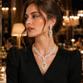 Luxury Yellow Pear‑Cut Zircon Jewelry Set, Silver Plated Necklace & Drop Earrings, Formal Evening Wedding Bridal Statement Jewelry Set for Women