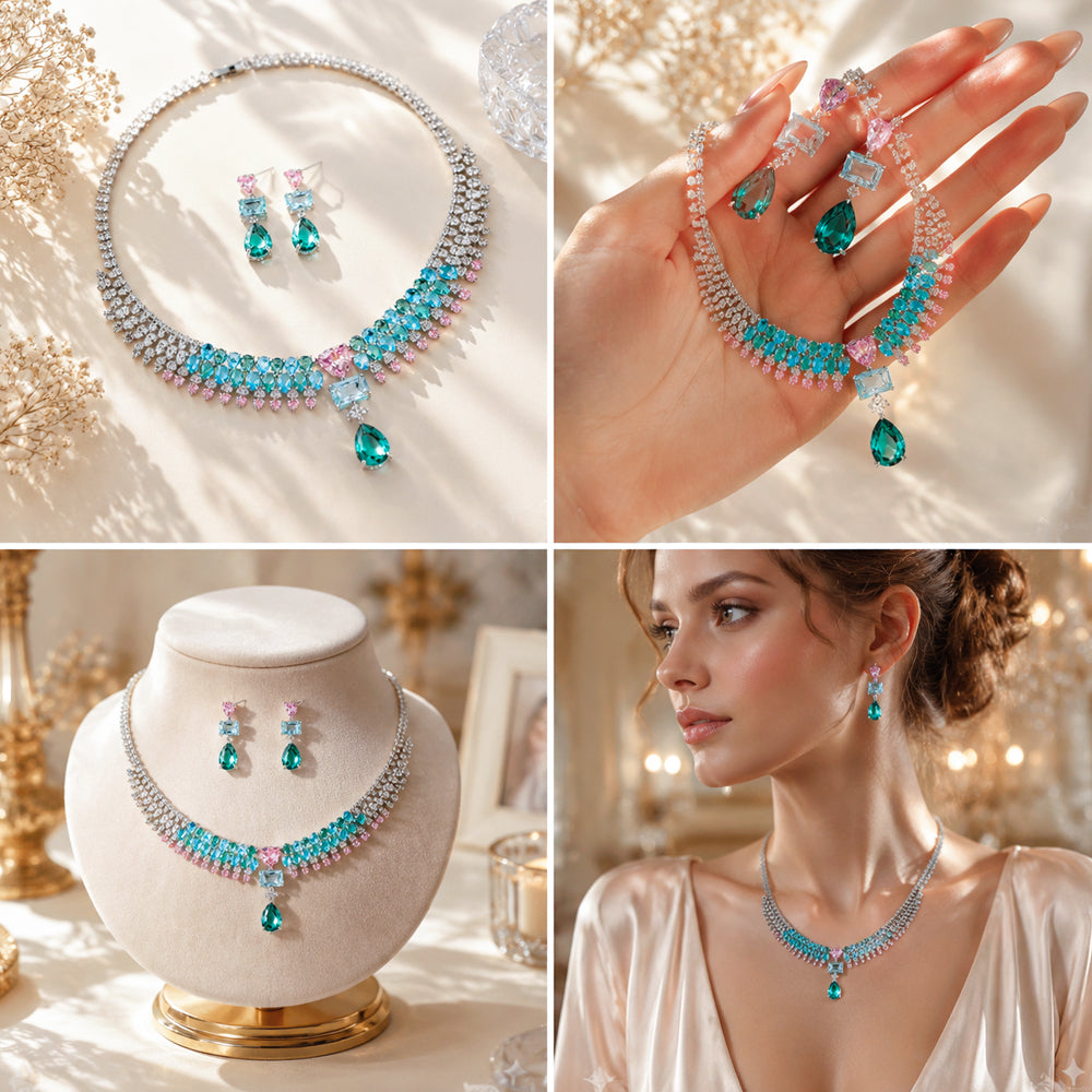 Silver Tone Ombre Pink Blue Green Multi Shape Gemstone Fringe Jewelry Set, Gradient Color Cubic Zirconia Tassel Necklace & Drop Earrings Women Formal Banquet Bridal Statement Jewellery