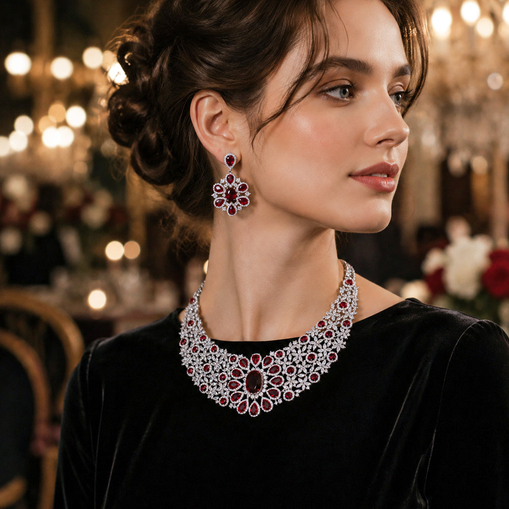 Silver Tone Oval Emerald & Ruby Crystal Bib Jewelry Set, Floral Cluster Red Green Gem Statement Necklace Drop Earrings, Luxury Bridal Formal Jewelry