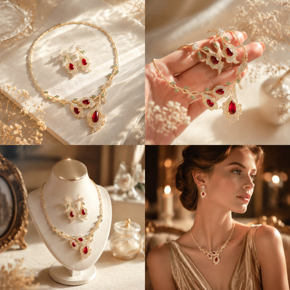 Floral Leaf Ruby Crystal Jewelry Set, Teardrop Red Gem Vine Necklace & Drop Earrings, Vintage Nature Inspired Luxury Bridal Formal Jewelry