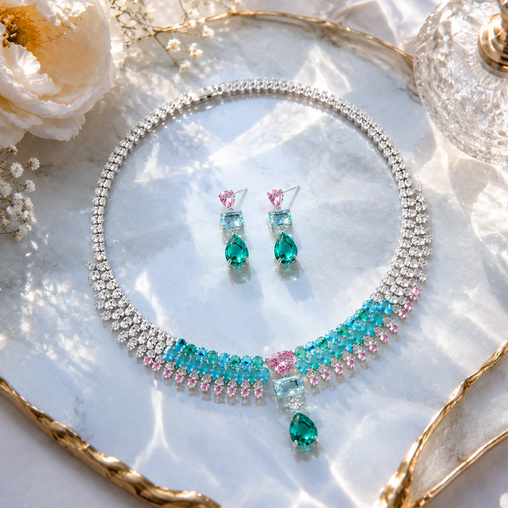 Silver Tone Ombre Pink Blue Green Multi Shape Gemstone Fringe Jewelry Set, Gradient Color Cubic Zirconia Tassel Necklace & Drop Earrings Women Formal Banquet Bridal Statement Jewellery