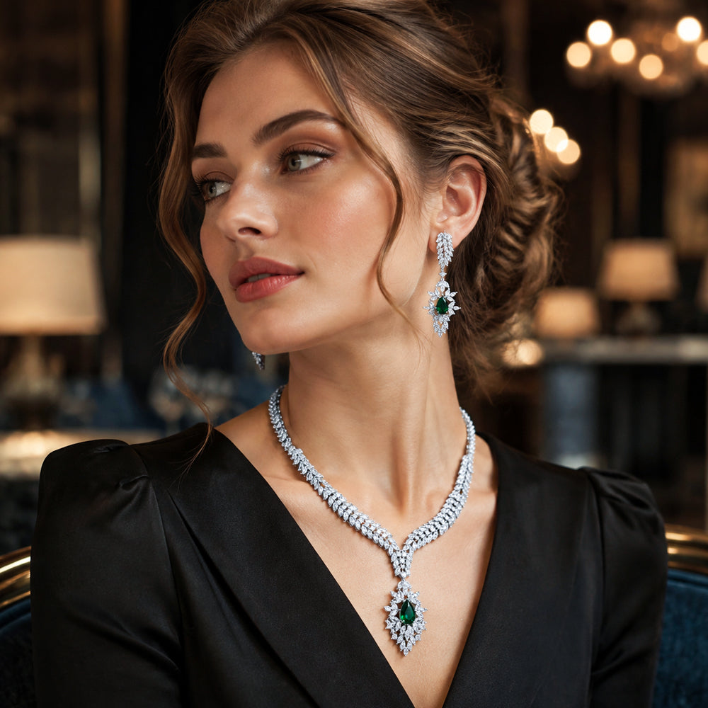 Luxury Yellow Pear‑Cut Zircon Jewelry Set, Silver Plated Necklace & Drop Earrings, Formal Evening Wedding Bridal Statement Jewelry Set for Women