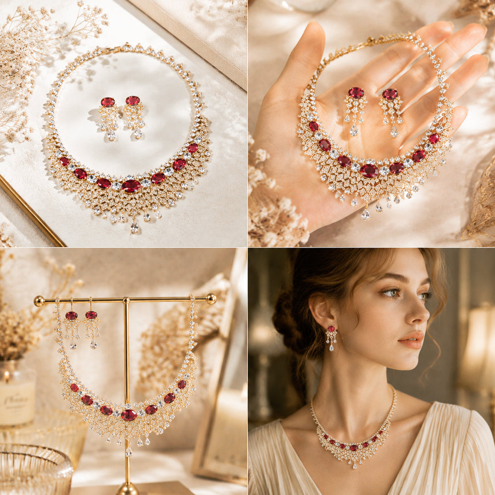 Vintage Royal Ruby Rhinestone Jewelry Set, Cascading Teardrop Fringe Bib Necklace Earrings, Evening Banquet Pageant Women Accessories