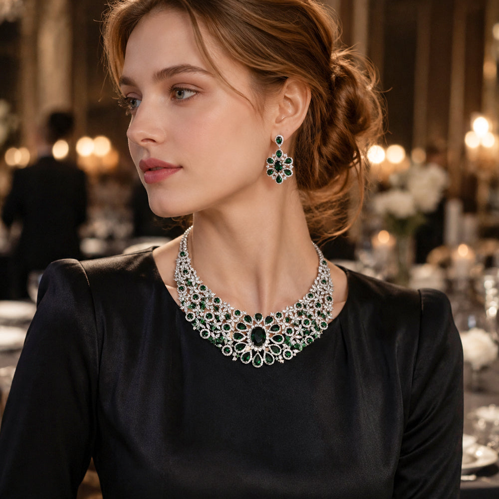 Silver Tone Oval Emerald & Ruby Crystal Bib Jewelry Set, Floral Cluster Red Green Gem Statement Necklace Drop Earrings, Luxury Bridal Formal Jewelry