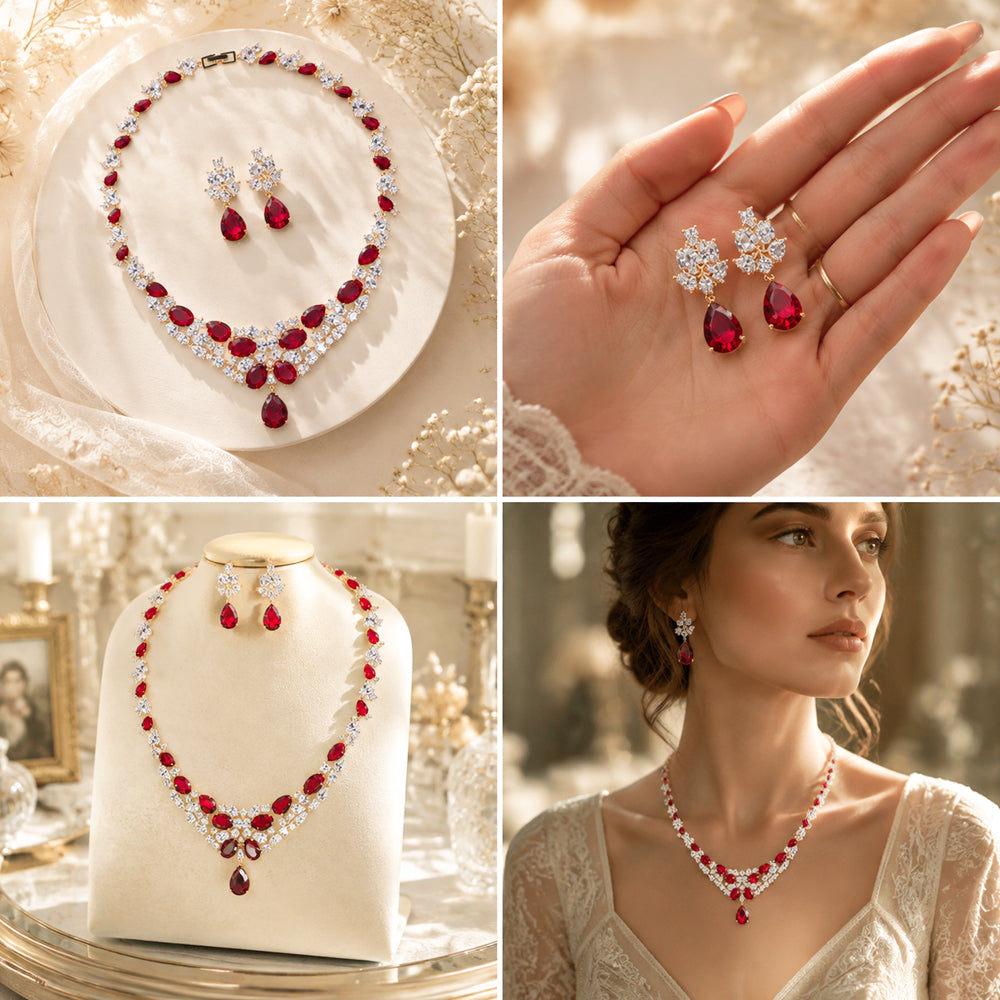 Vintage Royal Ruby Red Crystal Necklace Earring Set Women Formal Gala Prom Wedding Statement Dress Jewelry