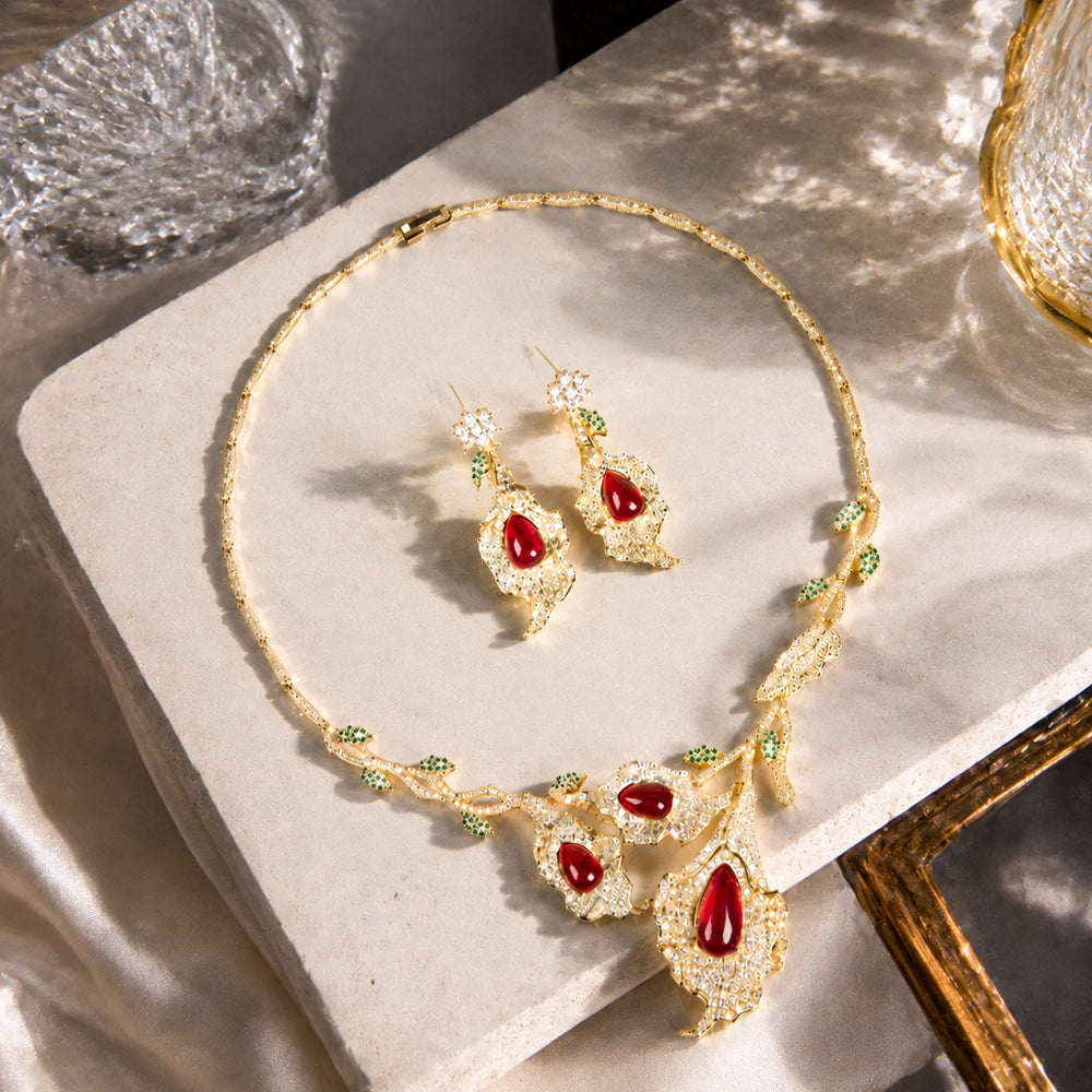 Floral Leaf Ruby Crystal Jewelry Set, Teardrop Red Gem Vine Necklace & Drop Earrings, Vintage Nature Inspired Luxury Bridal Formal Jewelry