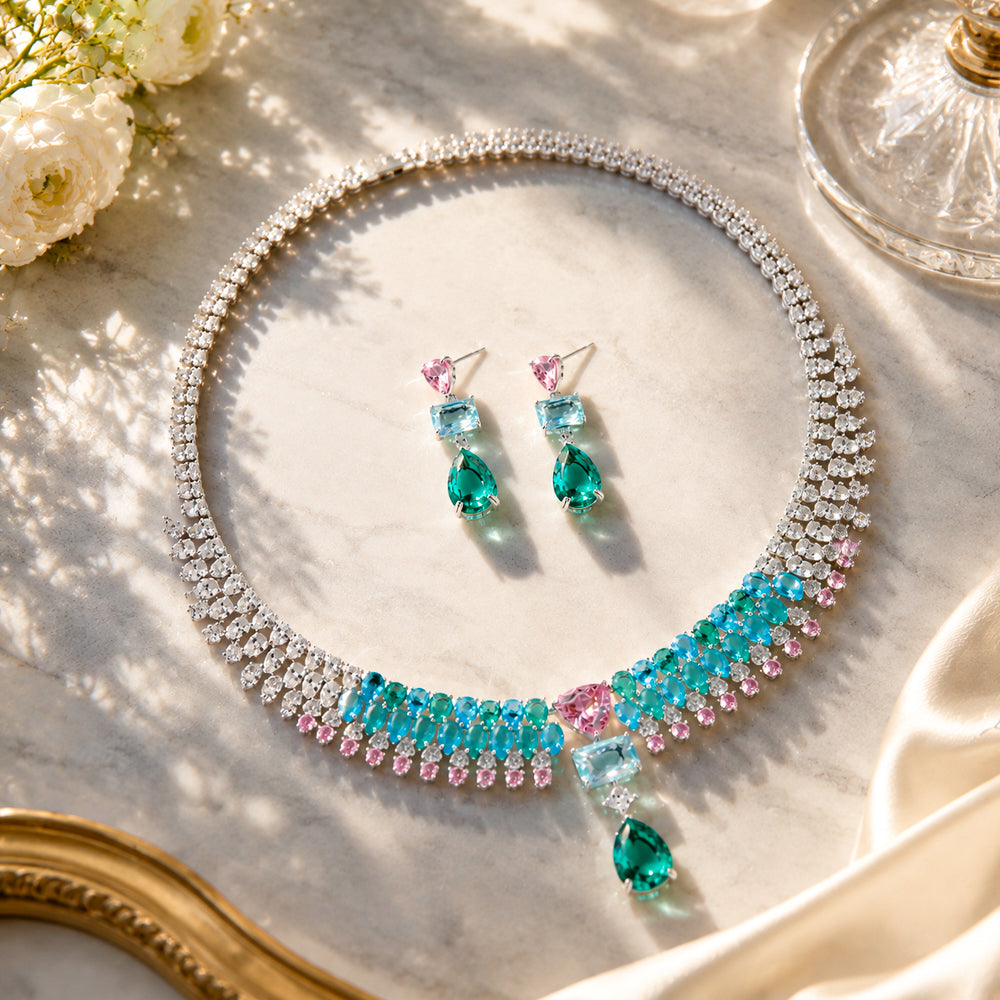Silver Tone Ombre Pink Blue Green Multi Shape Gemstone Fringe Jewelry Set, Gradient Color Cubic Zirconia Tassel Necklace & Drop Earrings Women Formal Banquet Bridal Statement Jewellery
