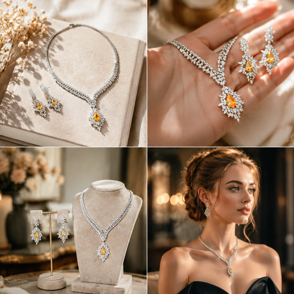 Luxury Yellow Pear‑Cut Zircon Jewelry Set, Silver Plated Necklace & Drop Earrings, Formal Evening Wedding Bridal Statement Jewelry Set for Women