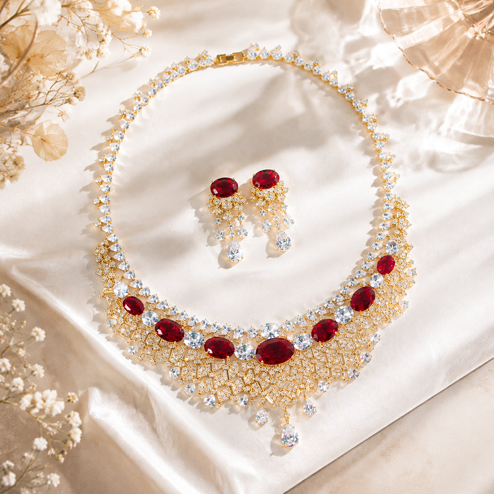 Vintage Royal Ruby Rhinestone Jewelry Set, Cascading Teardrop Fringe Bib Necklace Earrings, Evening Banquet Pageant Women Accessories
