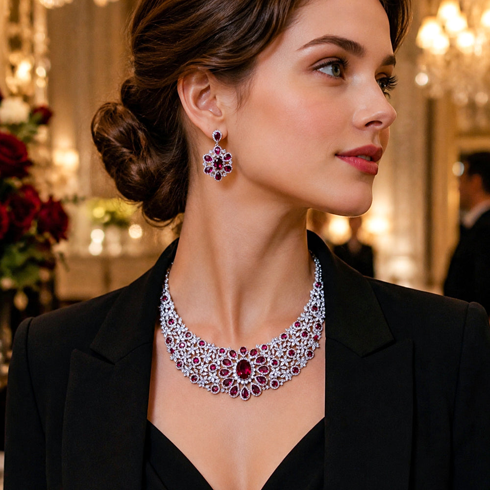 Silver Tone Oval Emerald & Ruby Crystal Bib Jewelry Set, Floral Cluster Red Green Gem Statement Necklace Drop Earrings, Luxury Bridal Formal Jewelry
