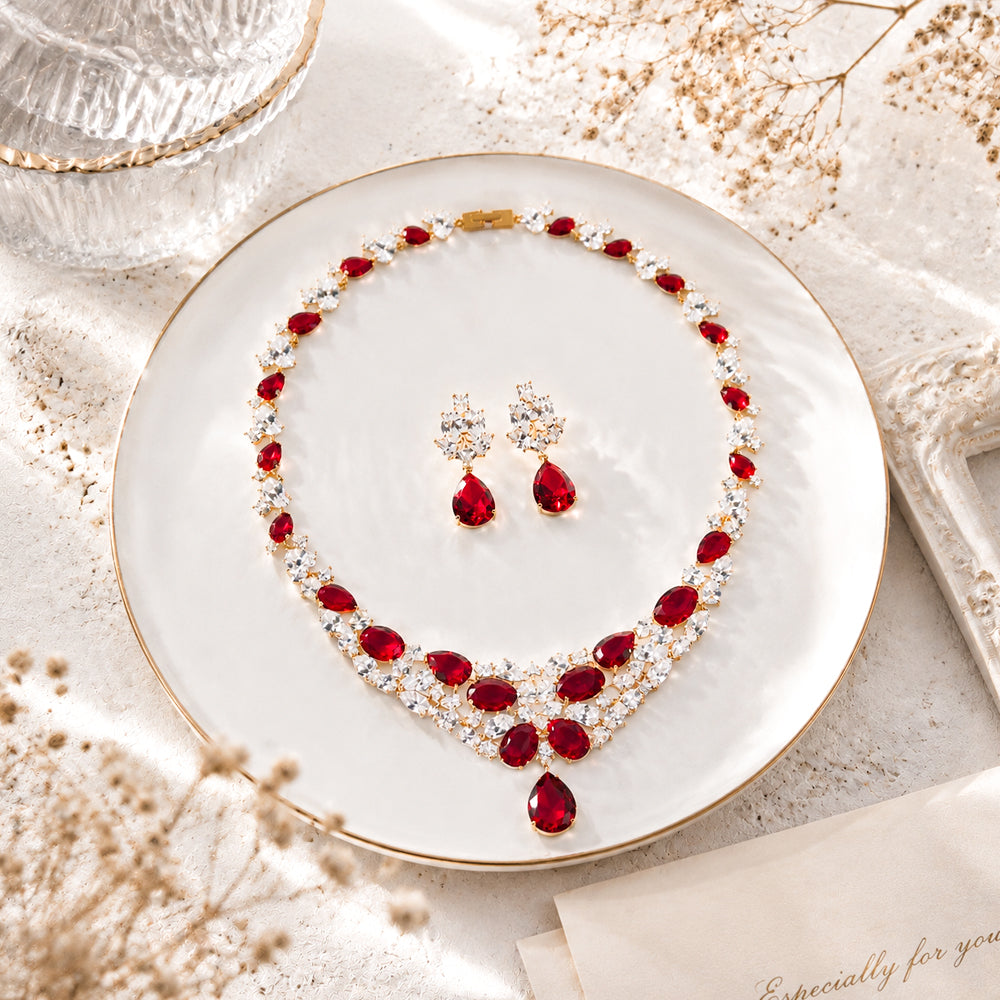 Vintage Royal Ruby Red Crystal Necklace Earring Set Women Formal Gala Prom Wedding Statement Dress Jewelry