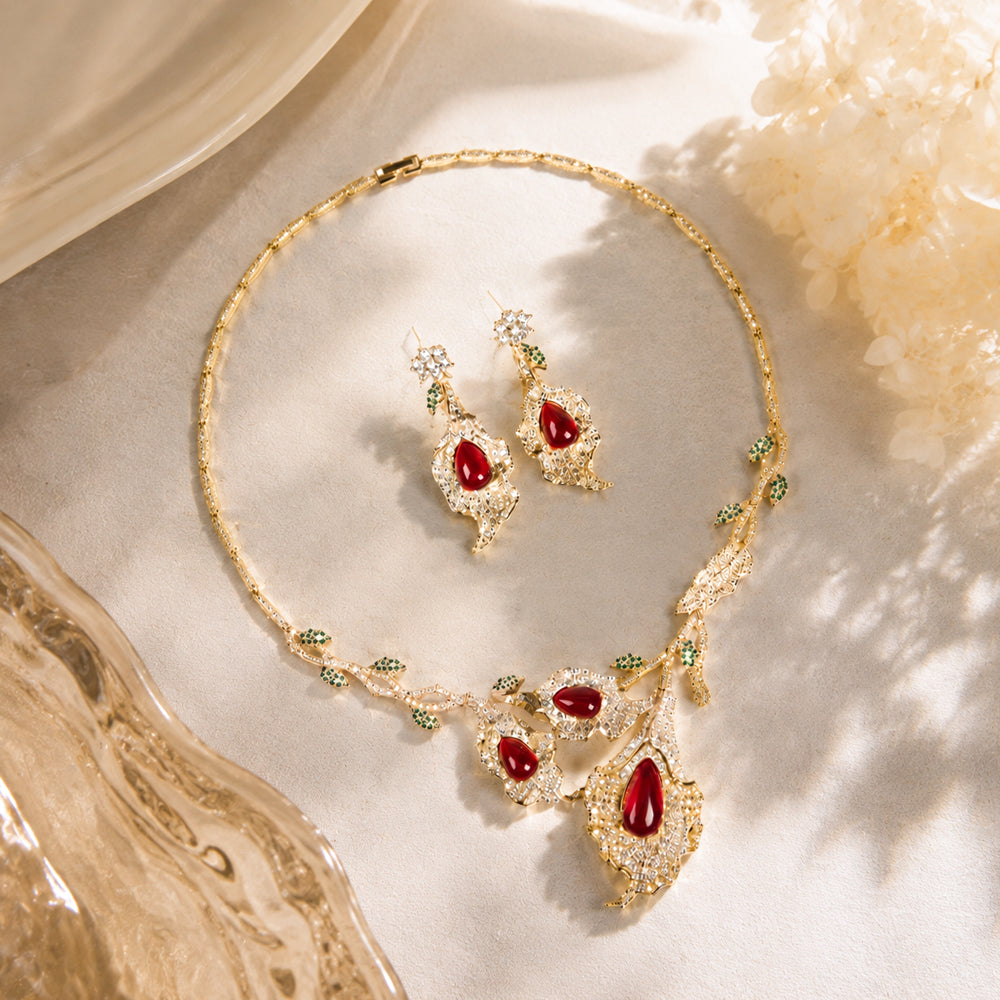 Floral Leaf Ruby Crystal Jewelry Set, Teardrop Red Gem Vine Necklace & Drop Earrings, Vintage Nature Inspired Luxury Bridal Formal Jewelry