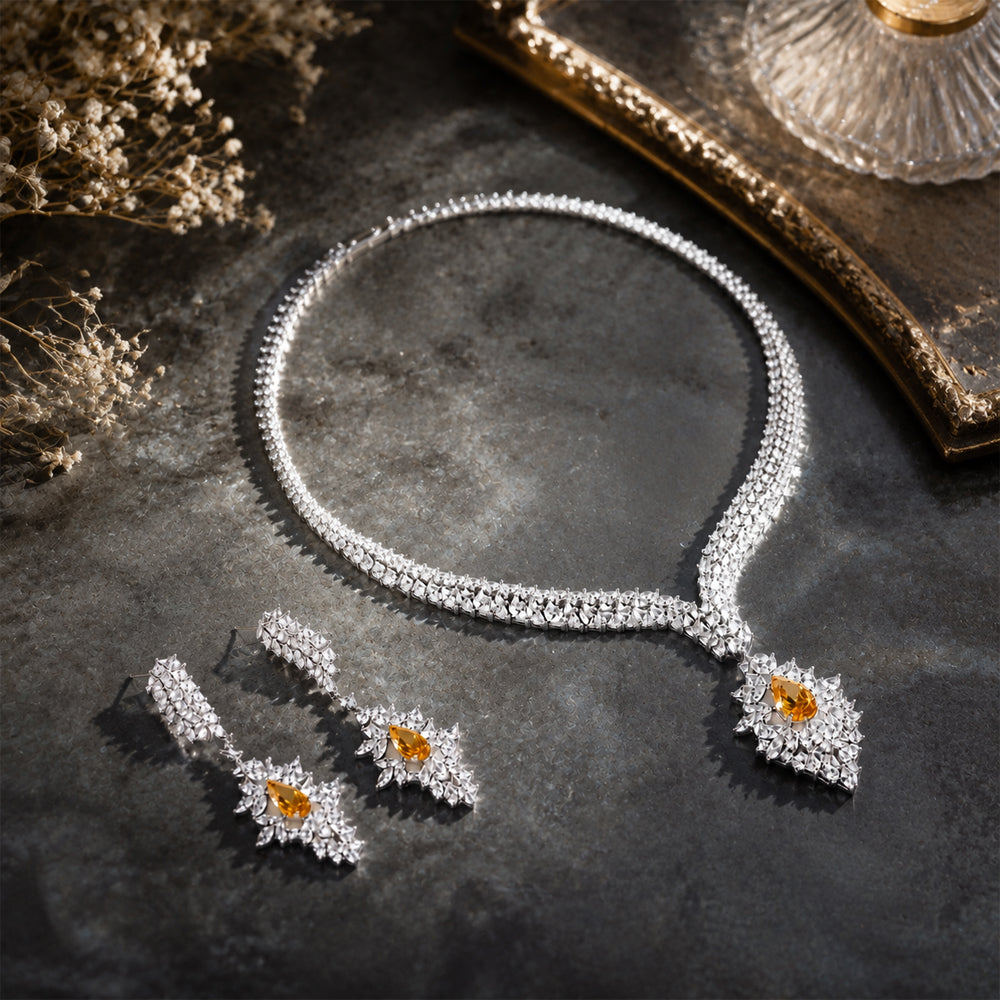 Luxury Yellow Pear‑Cut Zircon Jewelry Set, Silver Plated Necklace & Drop Earrings, Formal Evening Wedding Bridal Statement Jewelry Set for Women