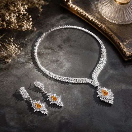 Luxury Yellow Pear‑Cut Zircon Jewelry Set, Silver Plated Necklace & Drop Earrings, Formal Evening Wedding Bridal Statement Jewelry Set for Women