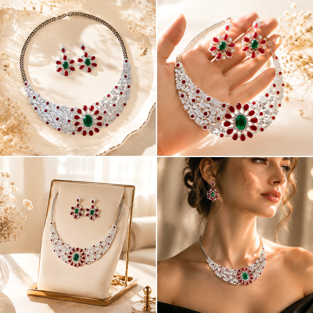 Silver Tone Oval Emerald & Ruby Crystal Bib Jewelry Set, Floral Cluster Red Green Gem Statement Necklace Drop Earrings, Luxury Bridal Formal Jewelry