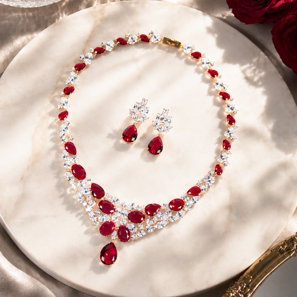 Vintage Royal Ruby Red Crystal Necklace Earring Set Women Formal Gala Prom Wedding Statement Dress Jewelry
