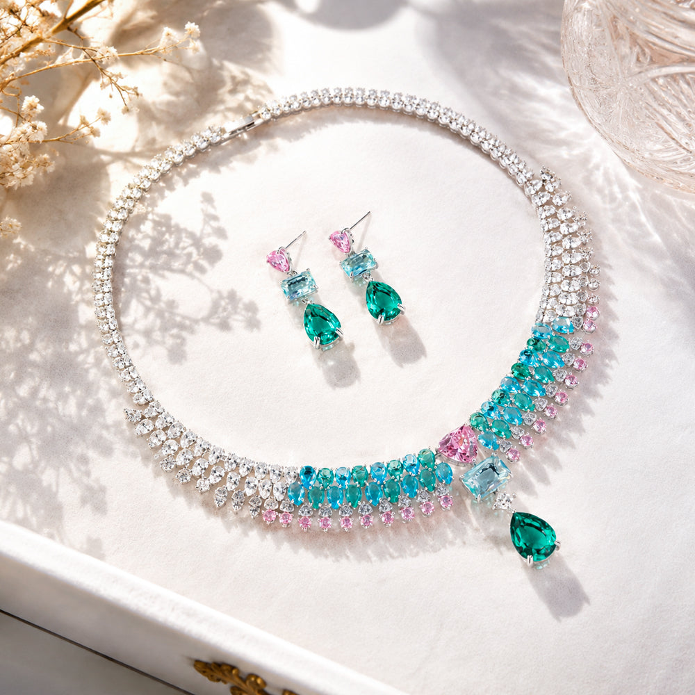 Silver Tone Ombre Pink Blue Green Multi Shape Gemstone Fringe Jewelry Set, Gradient Color Cubic Zirconia Tassel Necklace & Drop Earrings Women Formal Banquet Bridal Statement Jewellery