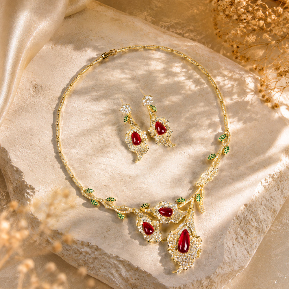 Floral Leaf Ruby Crystal Jewelry Set, Teardrop Red Gem Vine Necklace & Drop Earrings, Vintage Nature Inspired Luxury Bridal Formal Jewelry
