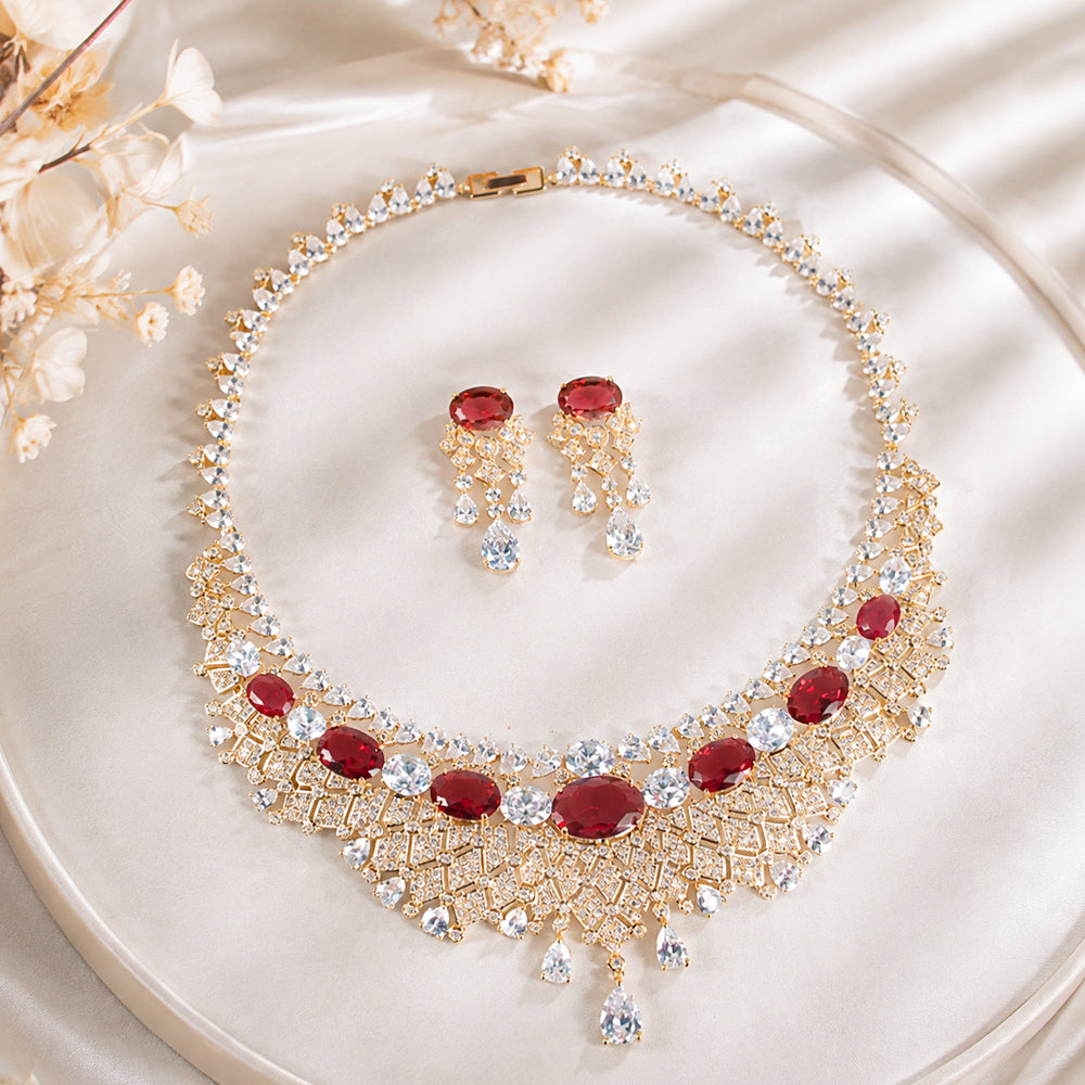 Vintage Royal Ruby Rhinestone Jewelry Set, Cascading Teardrop Fringe Bib Necklace Earrings, Evening Banquet Pageant Women Accessories