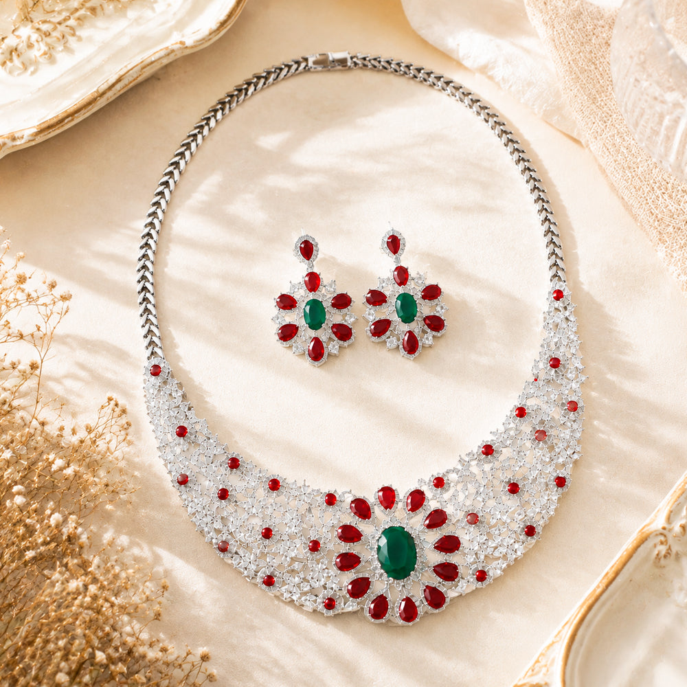 Silver Tone Oval Emerald & Ruby Crystal Bib Jewelry Set, Floral Cluster Red Green Gem Statement Necklace Drop Earrings, Luxury Bridal Formal Jewelry