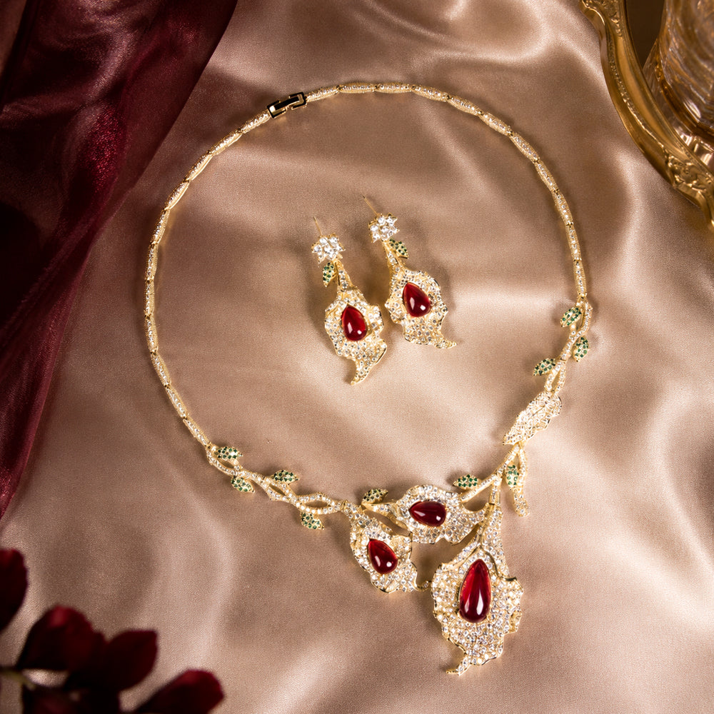Floral Leaf Ruby Crystal Jewelry Set, Teardrop Red Gem Vine Necklace & Drop Earrings, Vintage Nature Inspired Luxury Bridal Formal Jewelry