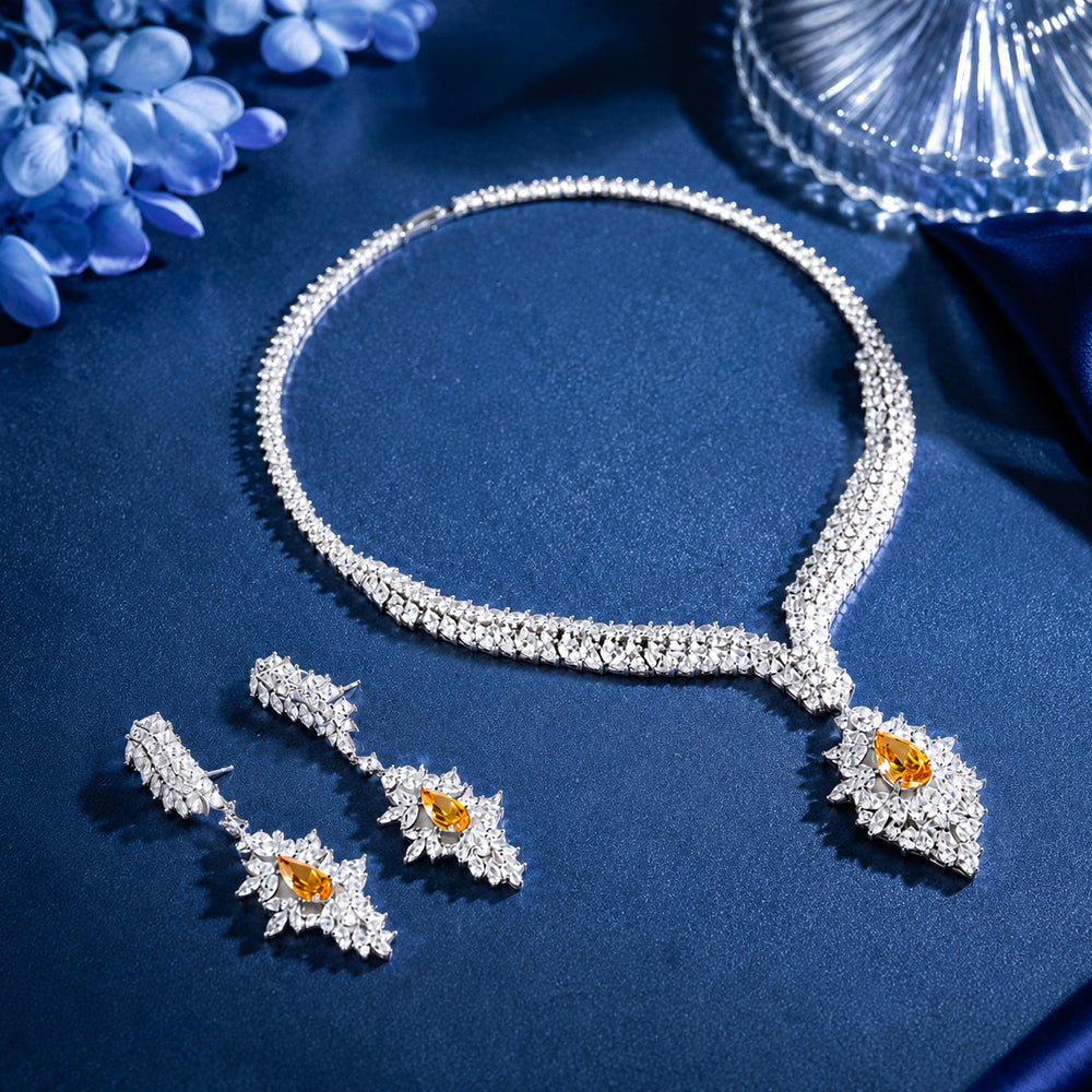 Luxury Yellow Pear‑Cut Zircon Jewelry Set, Silver Plated Necklace & Drop Earrings, Formal Evening Wedding Bridal Statement Jewelry Set for Women