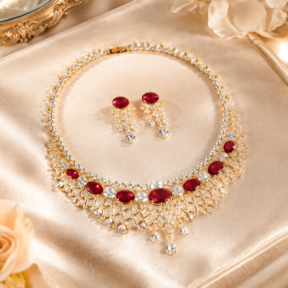 Vintage Royal Ruby Rhinestone Jewelry Set, Cascading Teardrop Fringe Bib Necklace Earrings, Evening Banquet Pageant Women Accessories