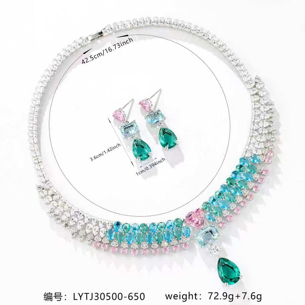 Silver Tone Ombre Pink Blue Green Multi Shape Gemstone Fringe Jewelry Set, Gradient Color Cubic Zirconia Tassel Necklace & Drop Earrings Women Formal Banquet Bridal Statement Jewellery