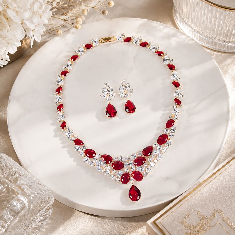 Vintage Royal Ruby Red Crystal Necklace Earring Set Women Formal Gala Prom Wedding Statement Dress Jewelry