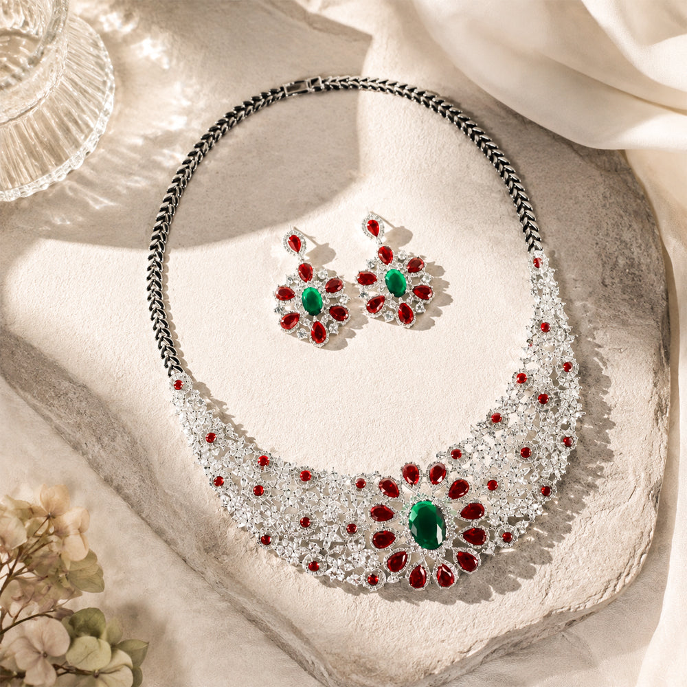Silver Tone Oval Emerald & Ruby Crystal Bib Jewelry Set, Floral Cluster Red Green Gem Statement Necklace Drop Earrings, Luxury Bridal Formal Jewelry