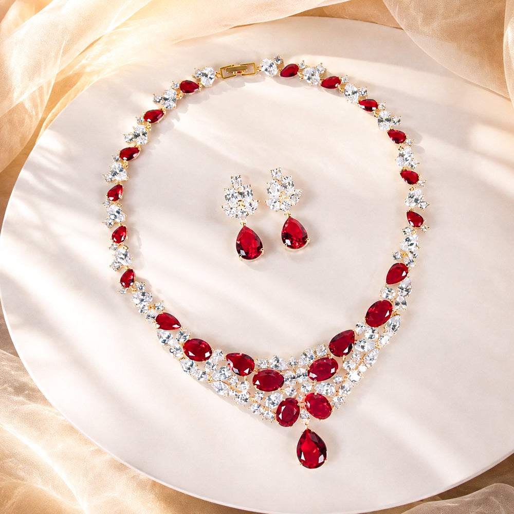 Vintage Royal Ruby Red Crystal Necklace Earring Set Women Formal Gala Prom Wedding Statement Dress Jewelry