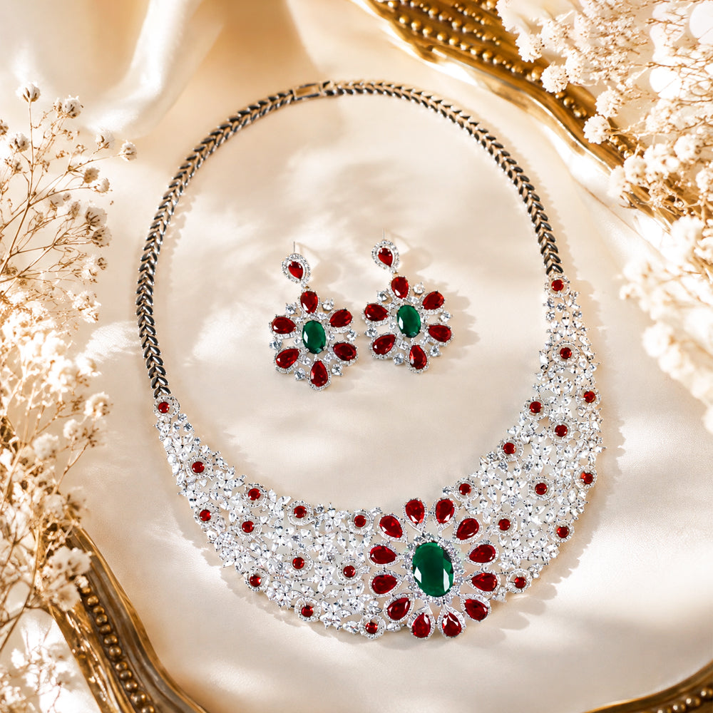 Silver Tone Oval Emerald & Ruby Crystal Bib Jewelry Set, Floral Cluster Red Green Gem Statement Necklace Drop Earrings, Luxury Bridal Formal Jewelry