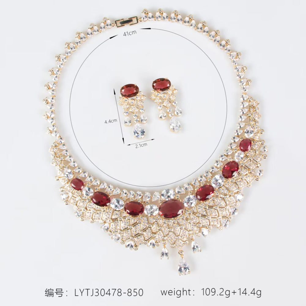 Vintage Royal Ruby Rhinestone Jewelry Set, Cascading Teardrop Fringe Bib Necklace Earrings, Evening Banquet Pageant Women Accessories