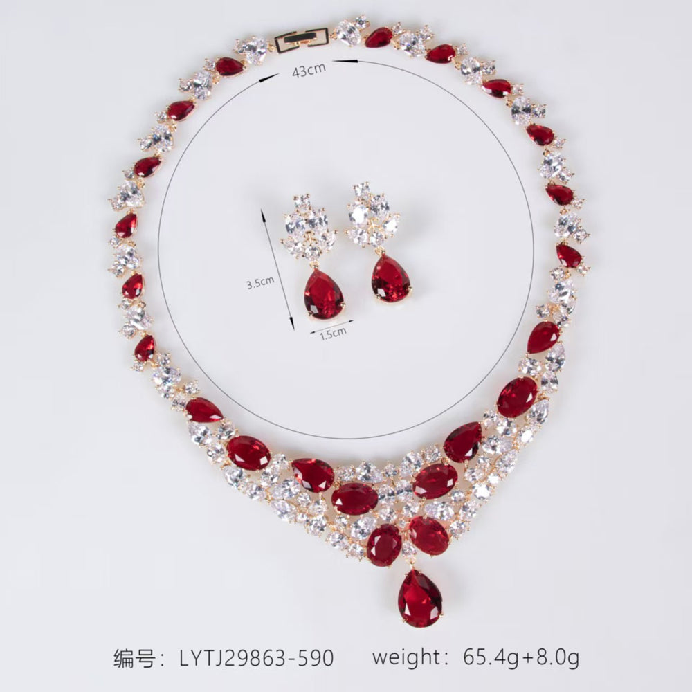 Vintage Royal Ruby Red Crystal Necklace Earring Set Women Formal Gala Prom Wedding Statement Dress Jewelry