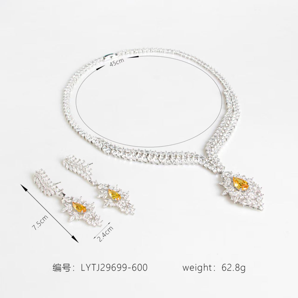 Luxury Yellow Pear‑Cut Zircon Jewelry Set, Silver Plated Necklace & Drop Earrings, Formal Evening Wedding Bridal Statement Jewelry Set for Women