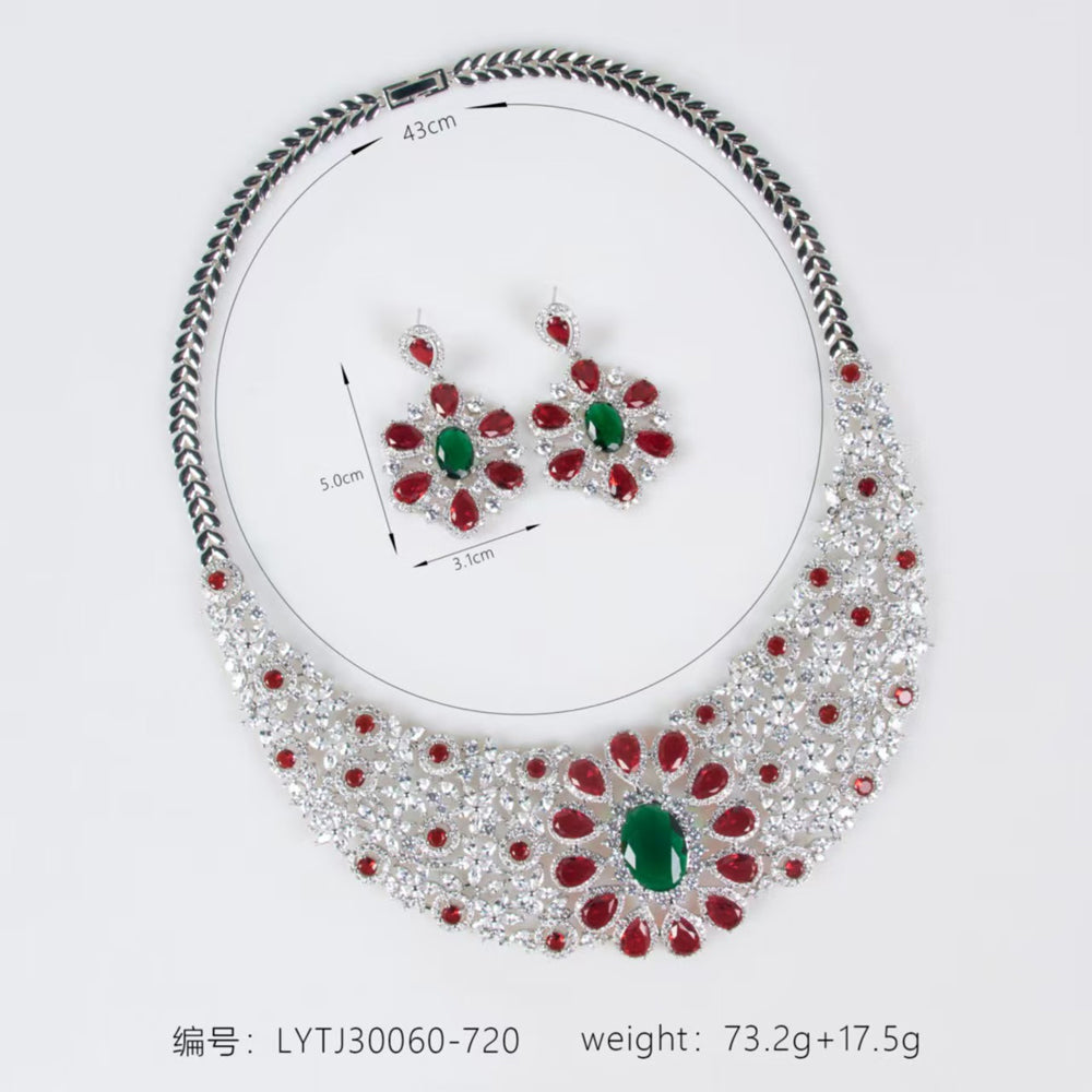 Silver Tone Oval Emerald & Ruby Crystal Bib Jewelry Set, Floral Cluster Red Green Gem Statement Necklace Drop Earrings, Luxury Bridal Formal Jewelry