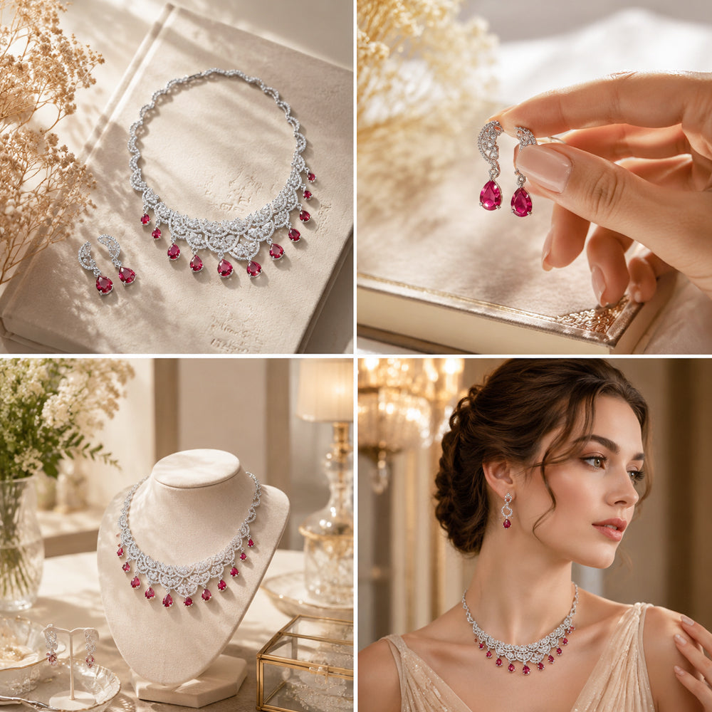 Silver Tone Lace Filigree Multi Teardrop Ruby Drop Jewelry Set, Vintage Scalloped Fan Red Gemstone Necklace & Dangle Earrings Formal Bridal Evening Statement Jewellery