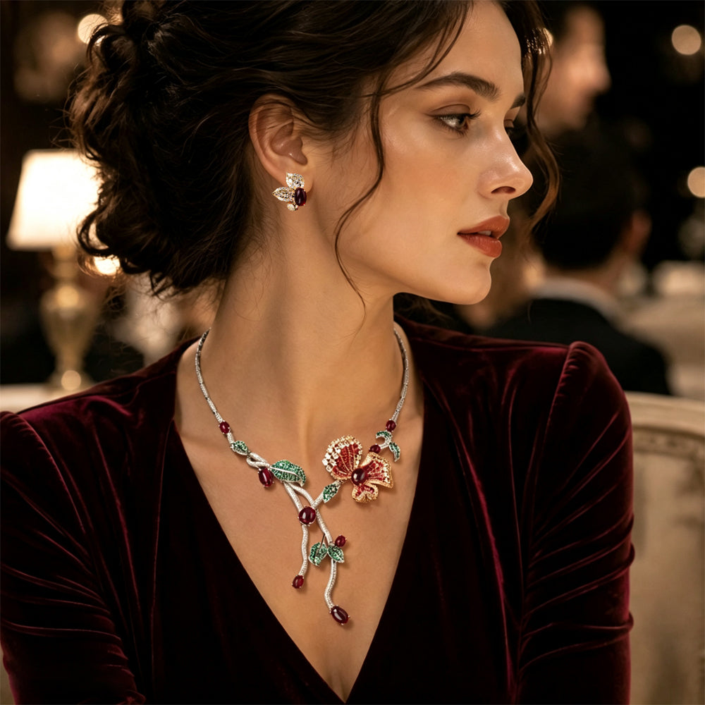 Two-Tone Gold Silver Floral Ruby Jewelry Set, Vintage Flower Leaf Branch Pendant Necklace & Stud Earrings, Nature Inspired Red Gemstone Formal Statement Jewellery for Women
