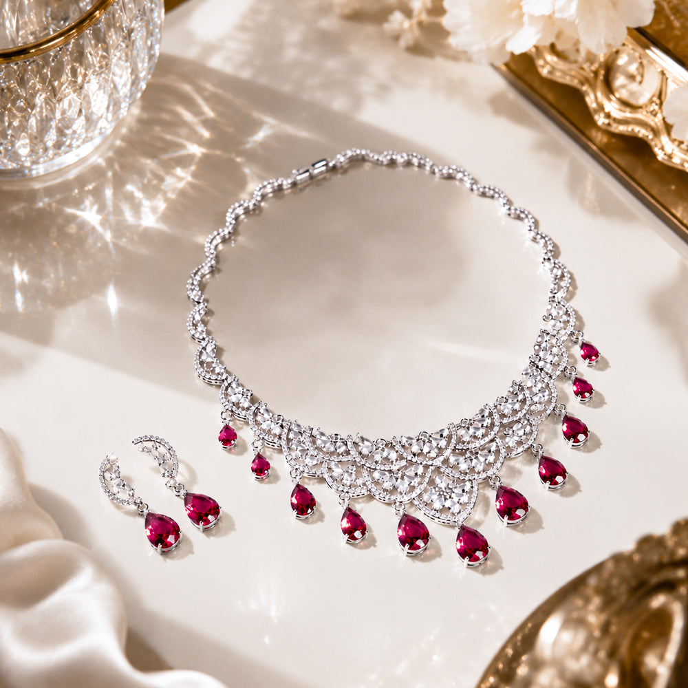 Silver Tone Lace Filigree Multi Teardrop Ruby Drop Jewelry Set, Vintage Scalloped Fan Red Gemstone Necklace & Dangle Earrings Formal Bridal Evening Statement Jewellery