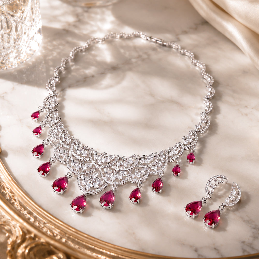 Silver Tone Lace Filigree Multi Teardrop Ruby Drop Jewelry Set, Vintage Scalloped Fan Red Gemstone Necklace & Dangle Earrings Formal Bridal Evening Statement Jewellery