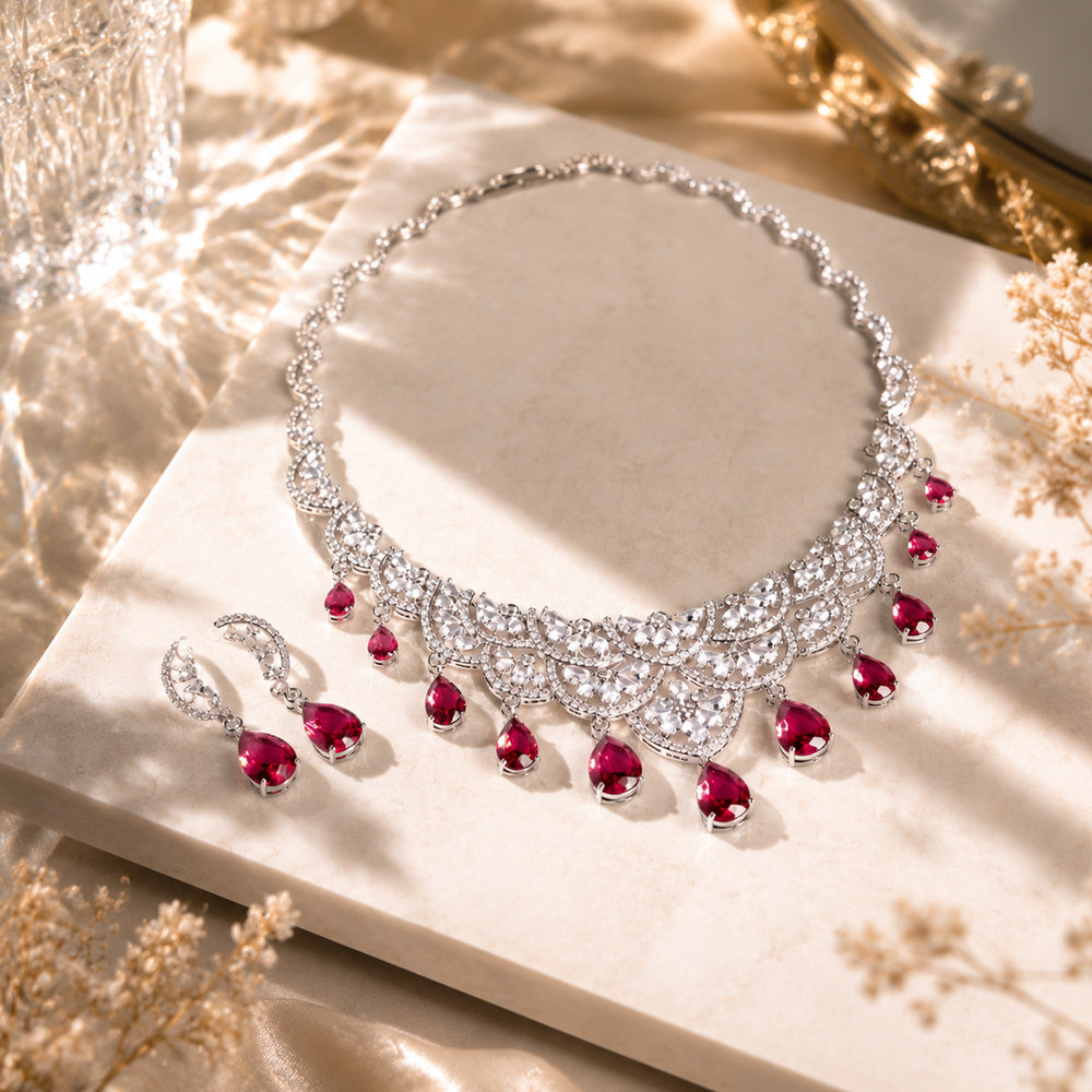 Silver Tone Lace Filigree Multi Teardrop Ruby Drop Jewelry Set, Vintage Scalloped Fan Red Gemstone Necklace & Dangle Earrings Formal Bridal Evening Statement Jewellery