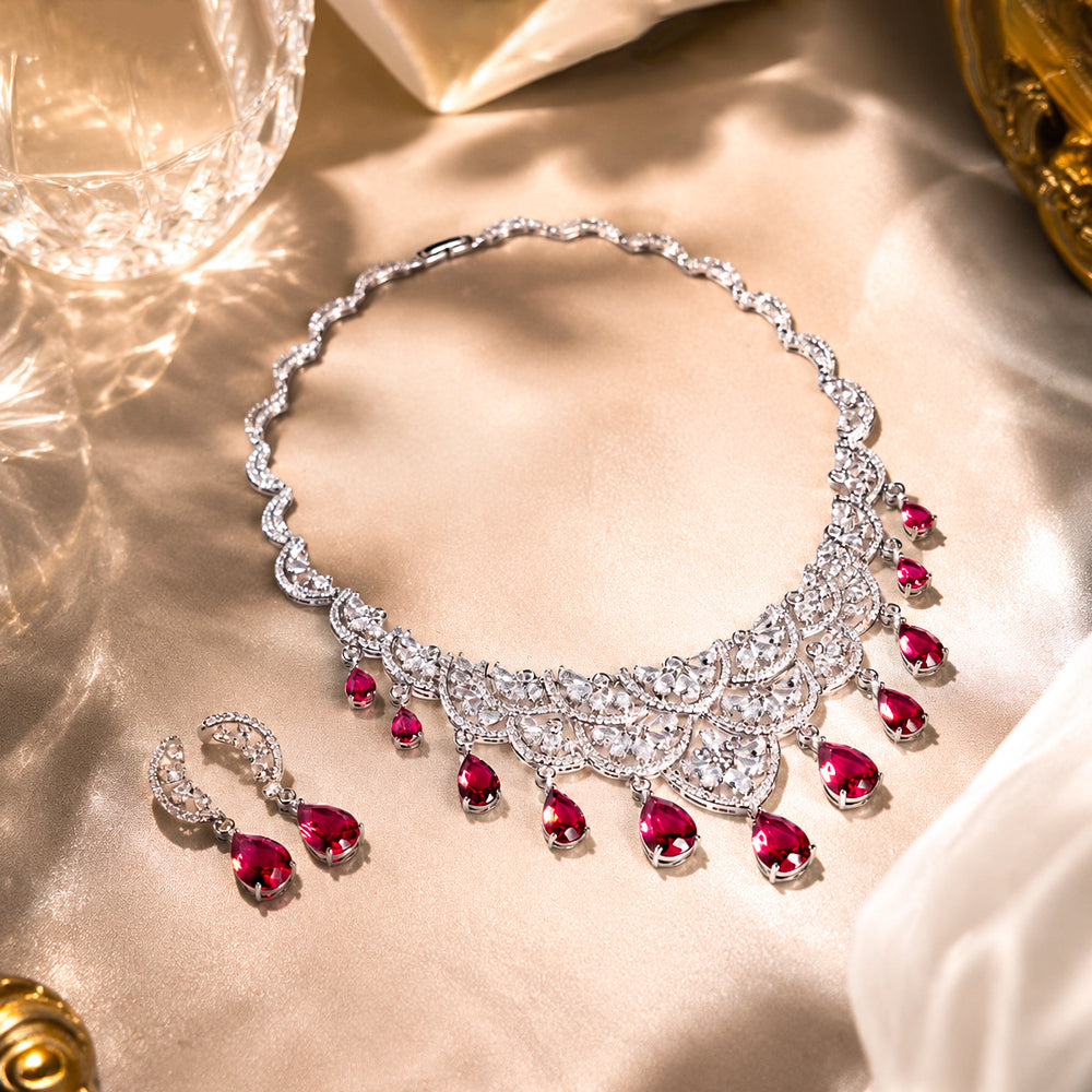 Silver Tone Lace Filigree Multi Teardrop Ruby Drop Jewelry Set, Vintage Scalloped Fan Red Gemstone Necklace & Dangle Earrings Formal Bridal Evening Statement Jewellery
