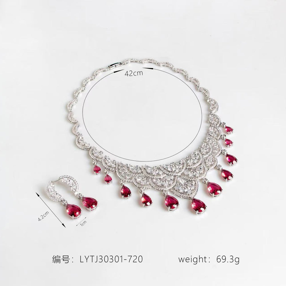 Silver Tone Lace Filigree Multi Teardrop Ruby Drop Jewelry Set, Vintage Scalloped Fan Red Gemstone Necklace & Dangle Earrings Formal Bridal Evening Statement Jewellery
