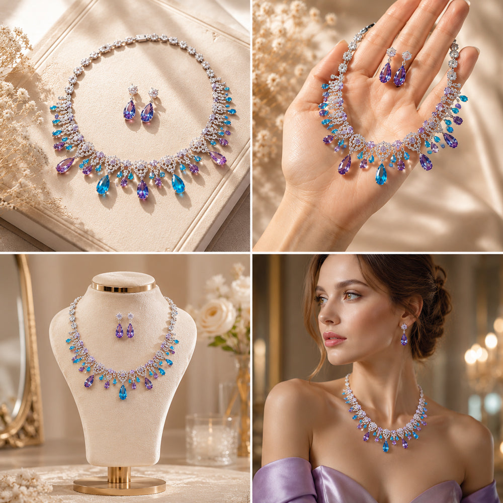 Mermaid Series Silver Tone Ombre Blue Purple Teardrop Gemstone Fringe Jewelry Set, Gradient Color Lace Hollow Out CZ Necklace & Drop Earrings Women Formal Evening Bridal Statement Jewellery
