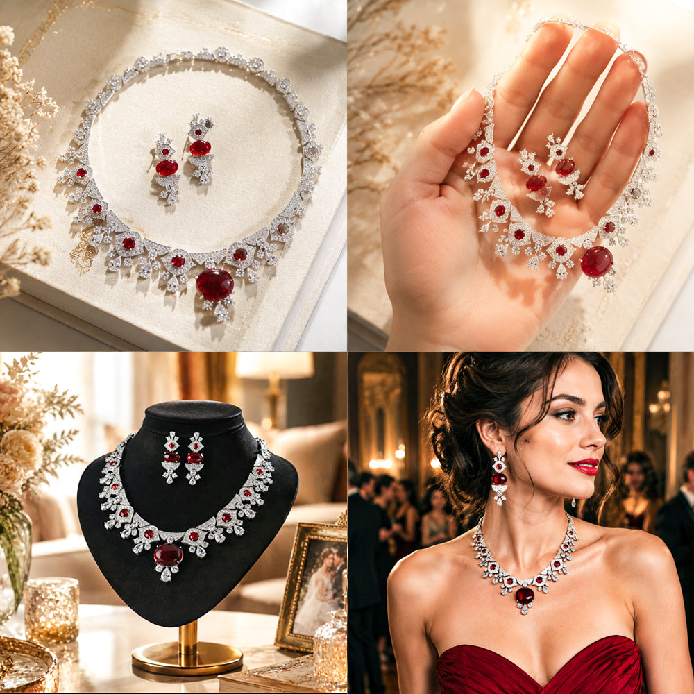 Luxury Vintage Royal Oval Ruby Cubic Zirconia Jewelry Set, Silver Tone Scalloped Fan Design Red Gemstone Necklace and Dangle Earrings, Formal Evening Bridal Statement Jewellery Gift for Her