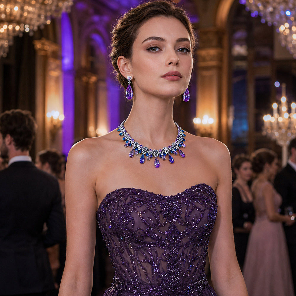 Mermaid Series Silver Tone Ombre Blue Purple Teardrop Gemstone Fringe Jewelry Set, Gradient Color Lace Hollow Out CZ Necklace & Drop Earrings Women Formal Evening Bridal Statement Jewellery